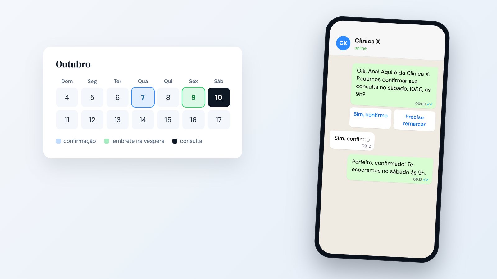 Ilustração: celular com mensagem de confirmação de consulta e botões Sim, confirmo e Preciso remarcar, ao lado de um calendário com a véspera marcada